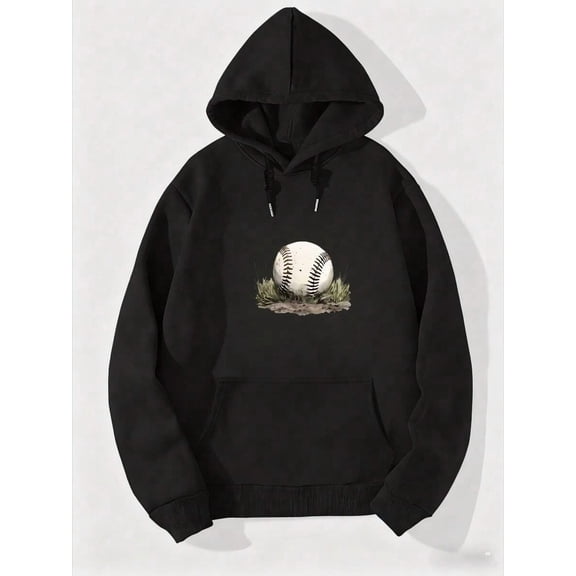 Mens Black Oversized Graphic Hoodies Sweatshirts Long Sleeve Pocket Pullover Fall Fashion 2025 Pullover Sweaters Winter Casual Clothes  Baseball On Grass With Leaves Men's Letter & Graphic Print Long