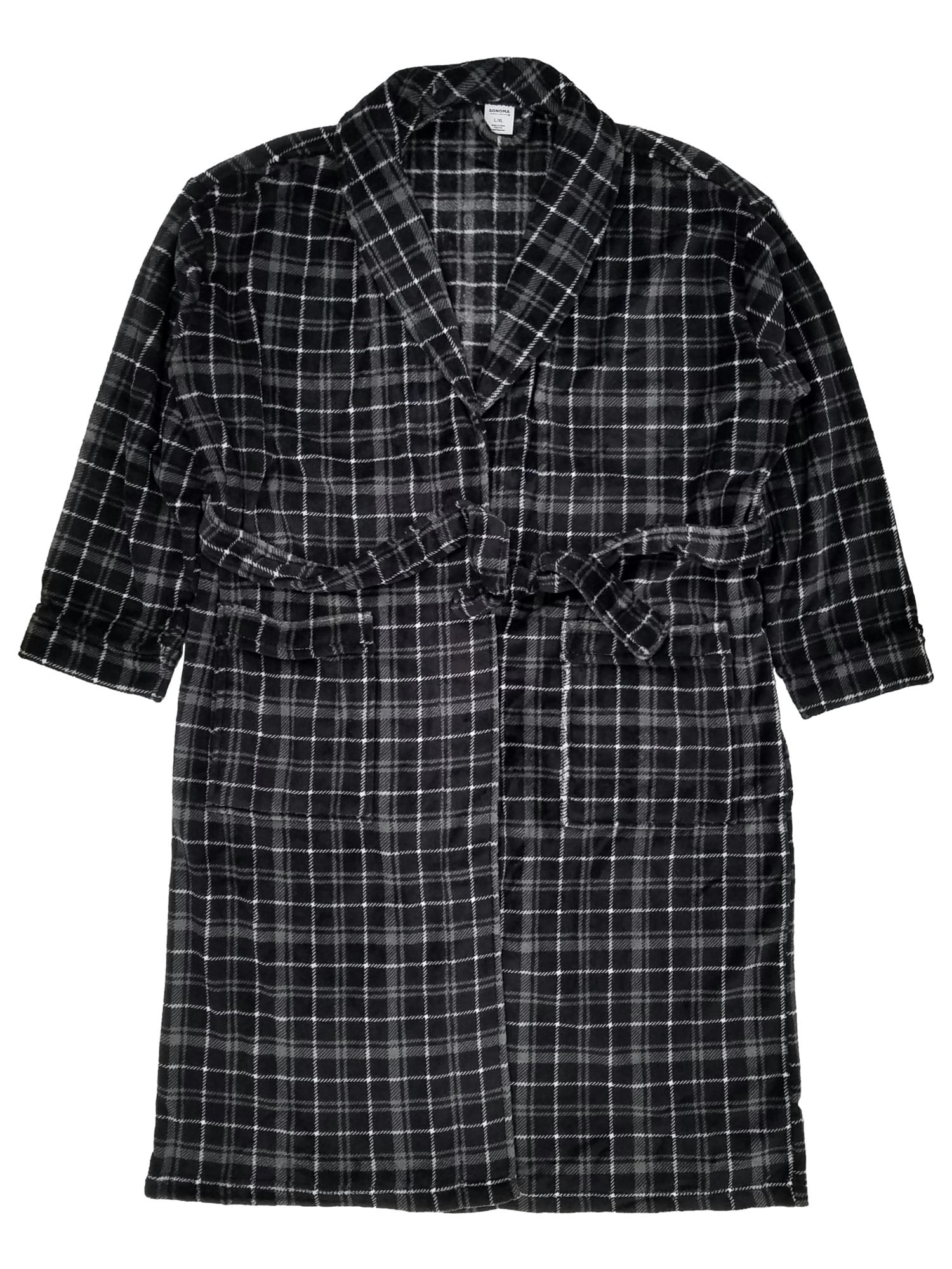 Mens Black Plaid Plush Microfleece Robe House Coat Bathrobe L/XL