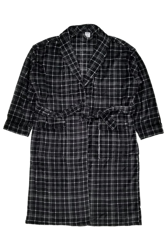 Mens Black Plaid Plush Microfleece Robe House Coat Bathrobe L/XL