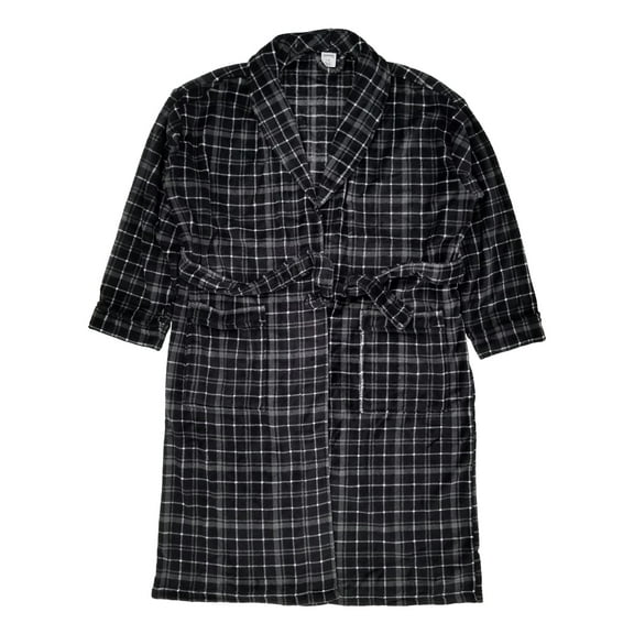 Mens Black Plaid Plush Microfleece Robe House Coat Bathrobe Small/Medium