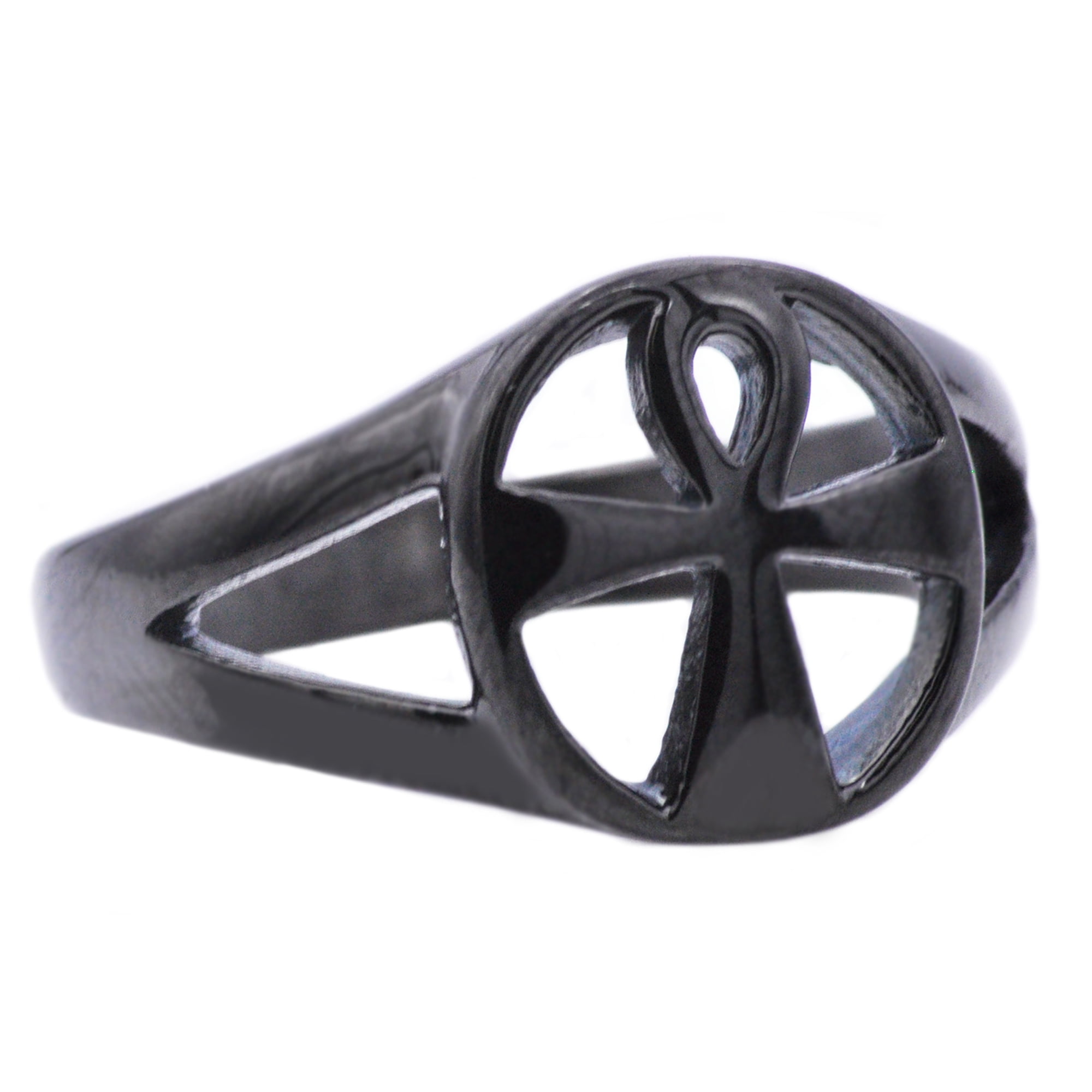 Mens Black Plated Stainless Steel Ankh Cross Ring