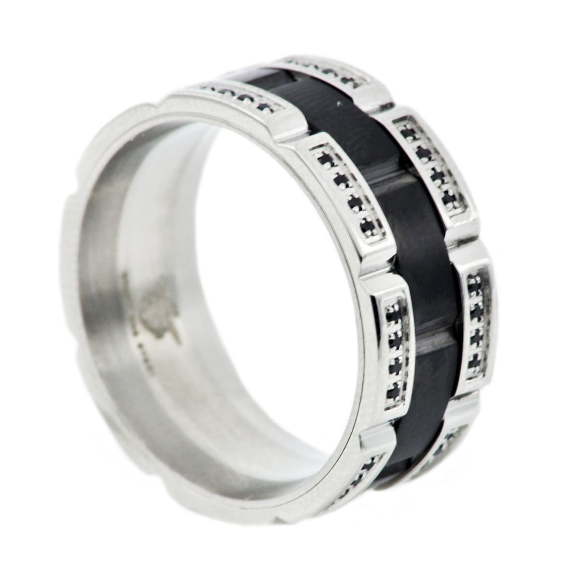 Mens Black Plated Stainless Steel Band With Black Cubic Zirconia