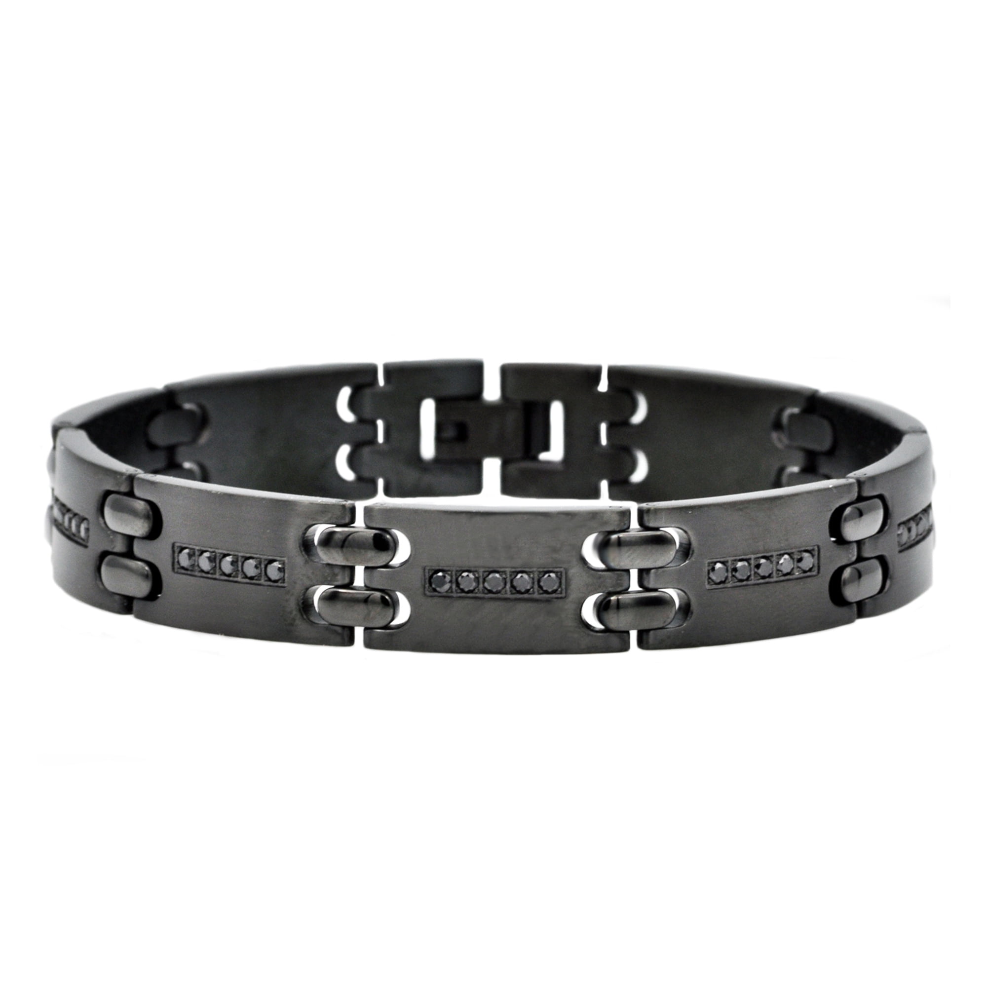 Mens Black Plated Stainless Steel Bracelet With Black Cubic Zirconia