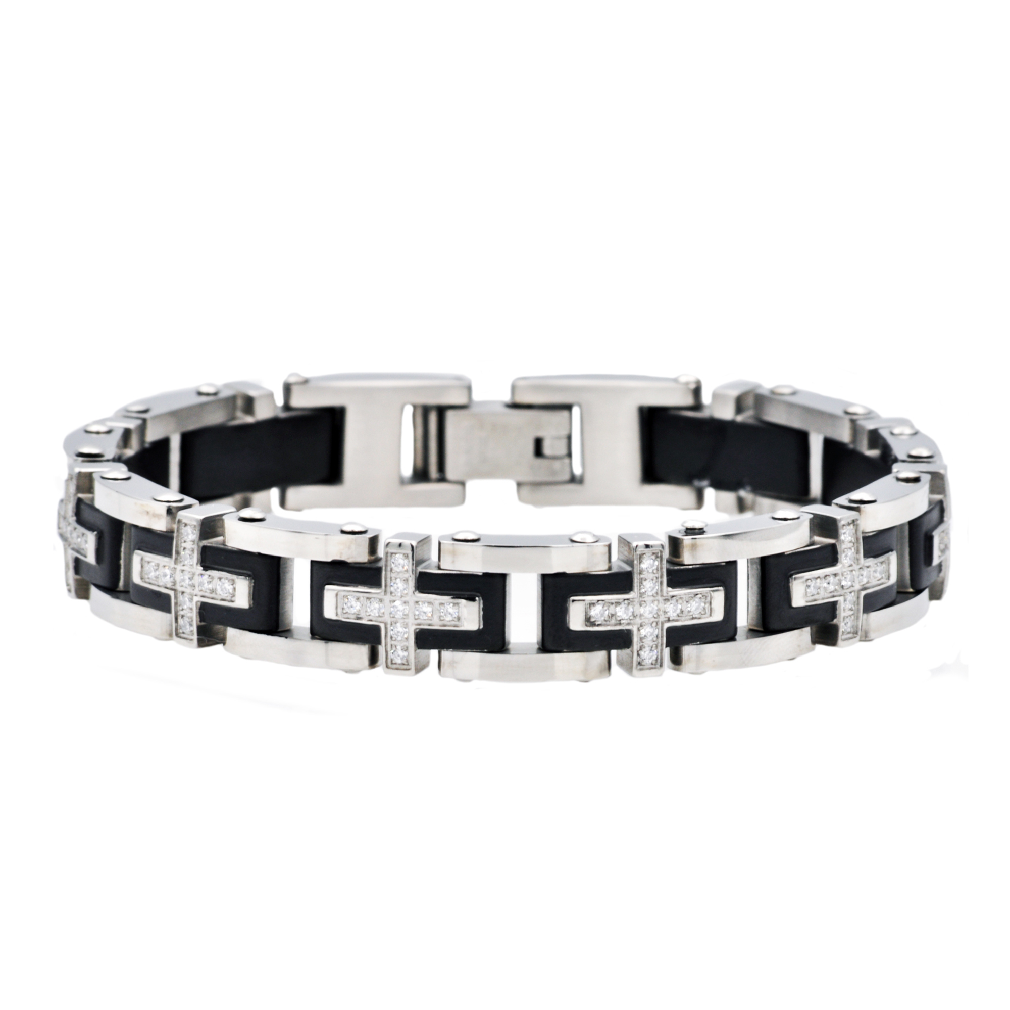 Mens Black Plated Stainless Steel Bracelet With Cubic Zirconia