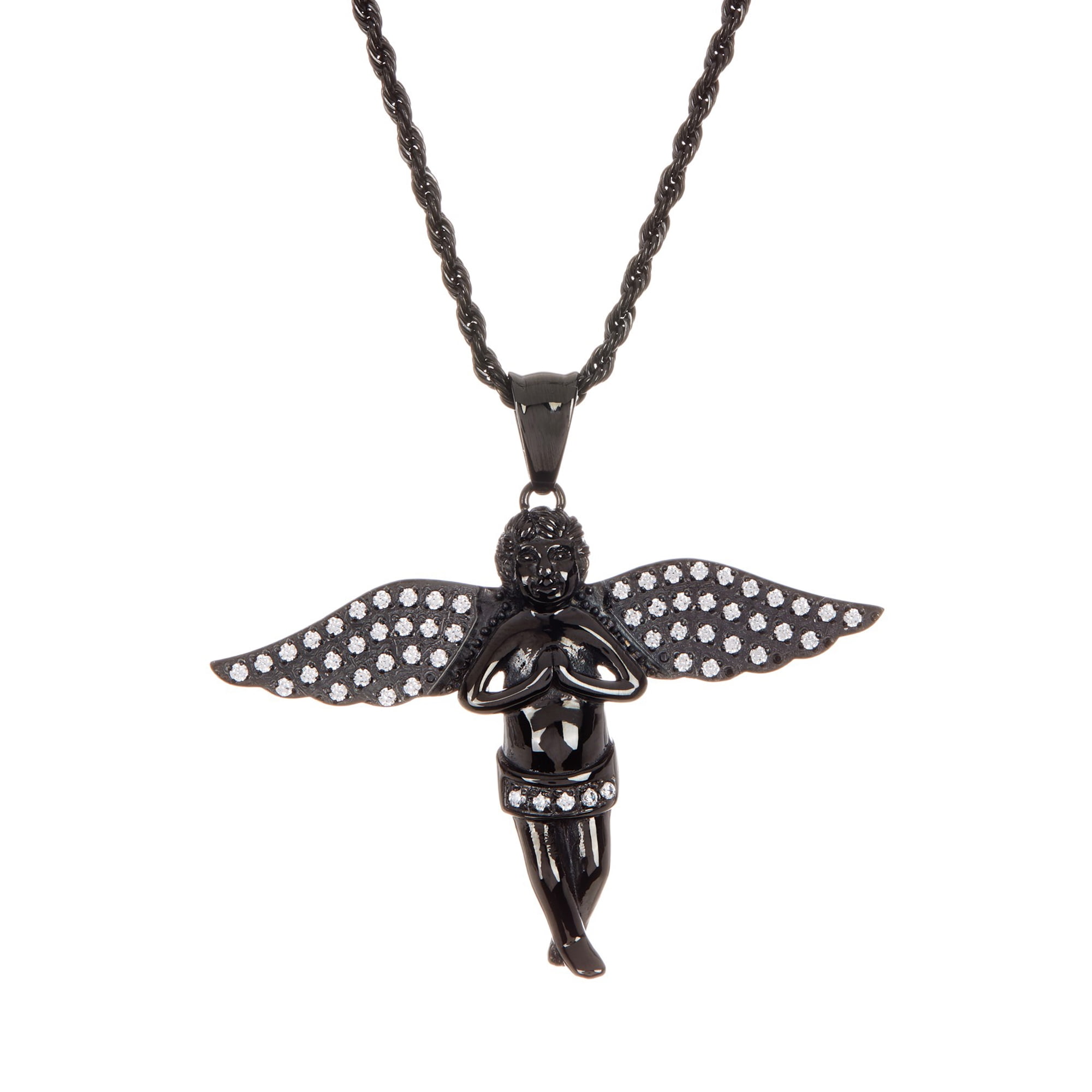 Mens Black Plated Stainless Steel Cherub Pendant With Cubic Zirconia