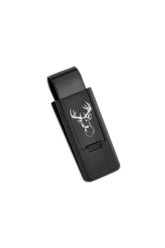 Mens Black Plated Stainless Steel Lasered Buck-Head Flip Money Clip for Men