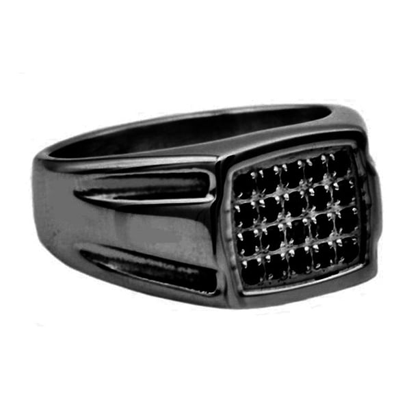 Mens Black Plated Stainless Steel Ring With Black Cubic Zirconia