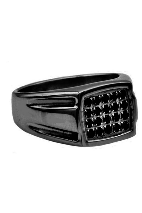 Mens Black Plated Stainless Steel Ring With Black Cubic Zirconia