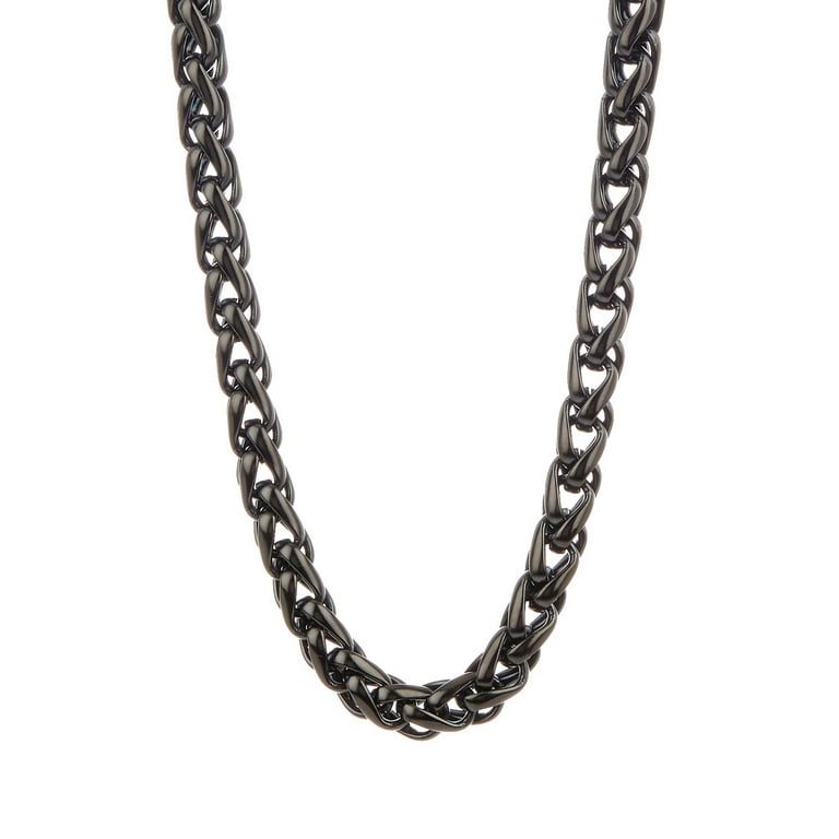 Mens Black Plated Stainless Steel Wheat Link Chain Necklace