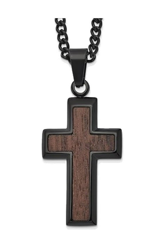 Mens Black Plated Stainless Steel Wood Inlay Cross Pendant Necklace with Chain for Men
