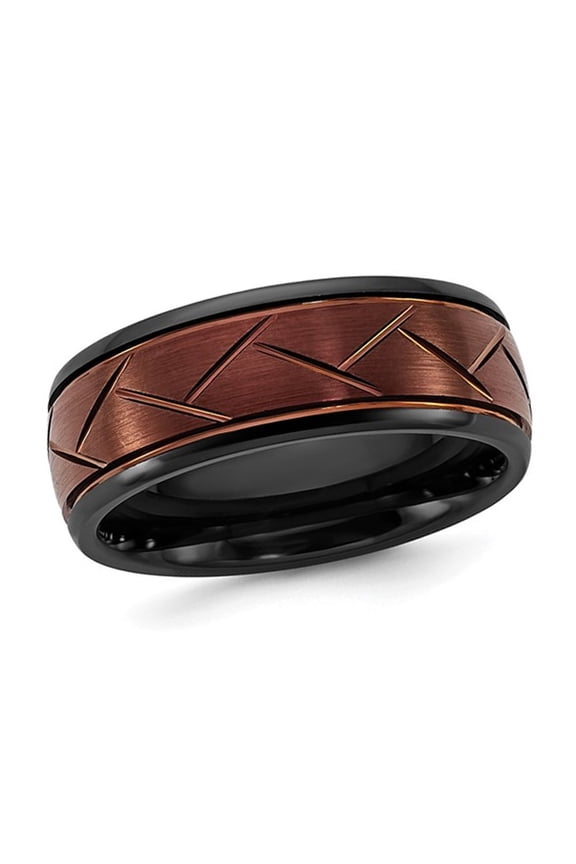 Mens Black Polished Ceramic Grooved Red Plated Wedding Band Ring (8.0mm) for Men