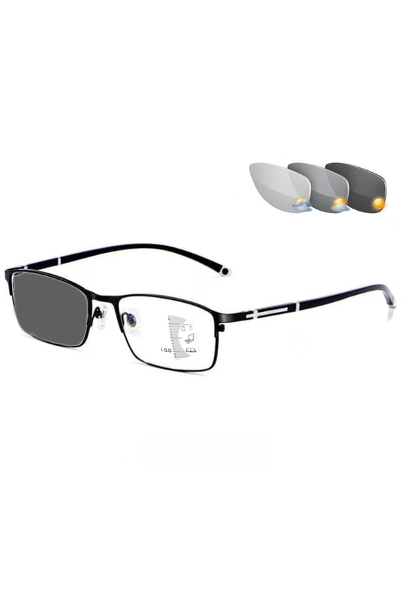 Mens Black Progressive Photochromic Transition Gray Rectangular Business Reading Glasses 1.50, Blue Light Blocking Presbyopic Glasses, Metal Classic Flexible Readers +1.50 Strength