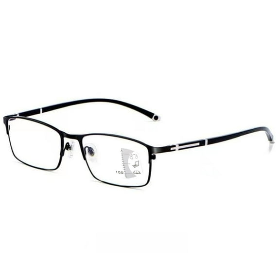 Mens Black Progressive Rectangular Business Reading Glasses 1.50, Blue Light Blocking Multifocal Presbyopic Glasses, Metal Classic Flexible Readers +1.50 Strength
