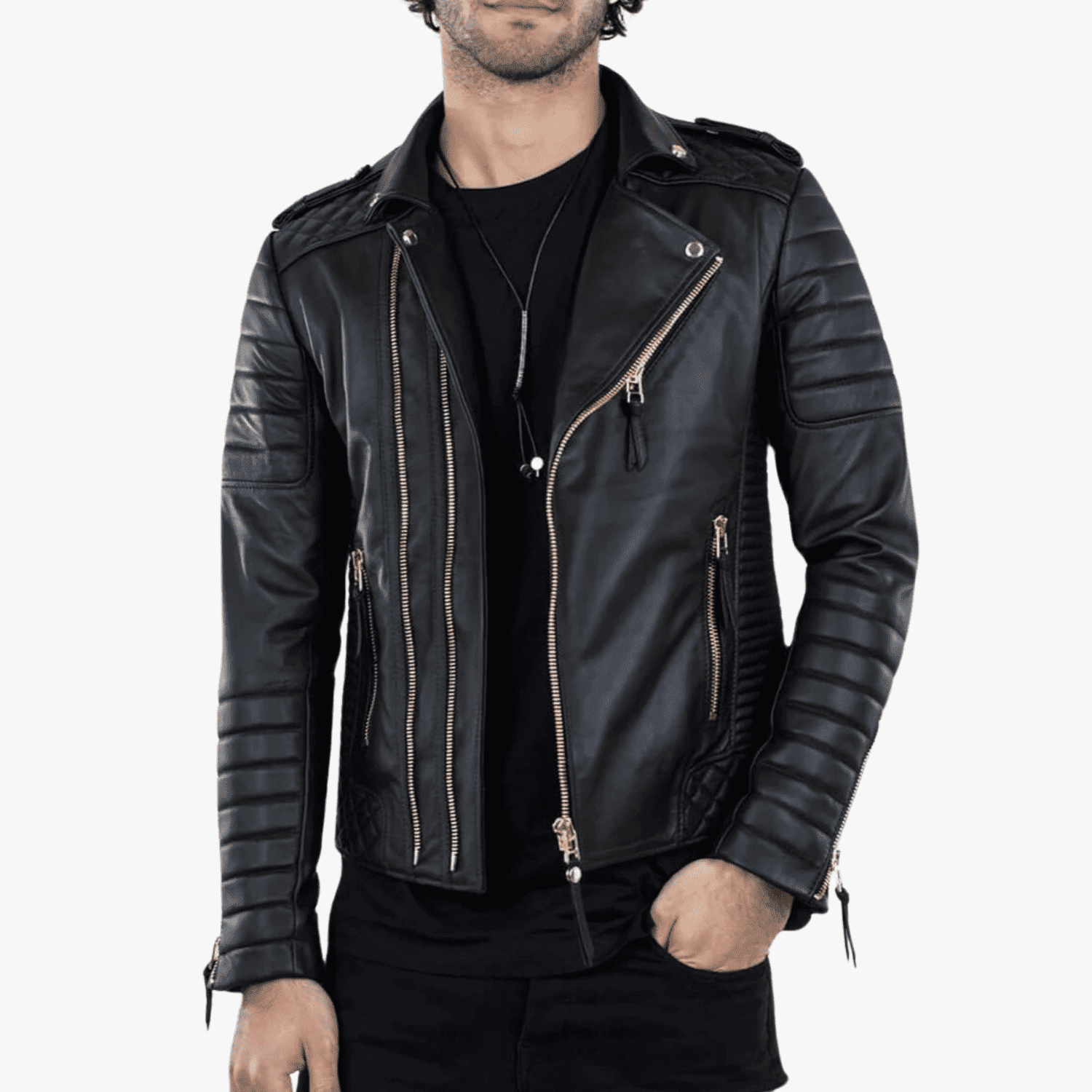 Mens Black Quilted Cafe Racer Biker Double Breast Stylish Leather Jacket