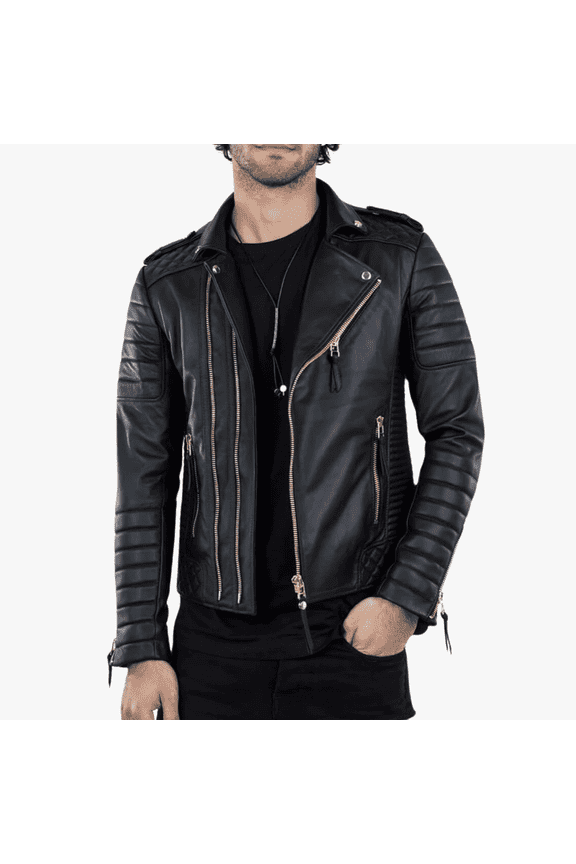 Mens Black Quilted Cafe Racer Biker Double Breast Stylish Leather Jacket
