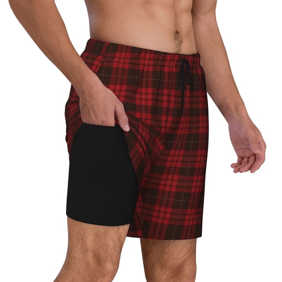 Mens Black Red Tartan Swimming Trunks with Compression Liner Beach Quick Dry Swim Shorts