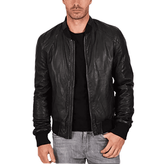 Mens Black Rib Knit Style Lambskin Long Sleeves Genuine Leather Jacket - Mens Black Leather Bomber Jacket SouthBeachLeather Small