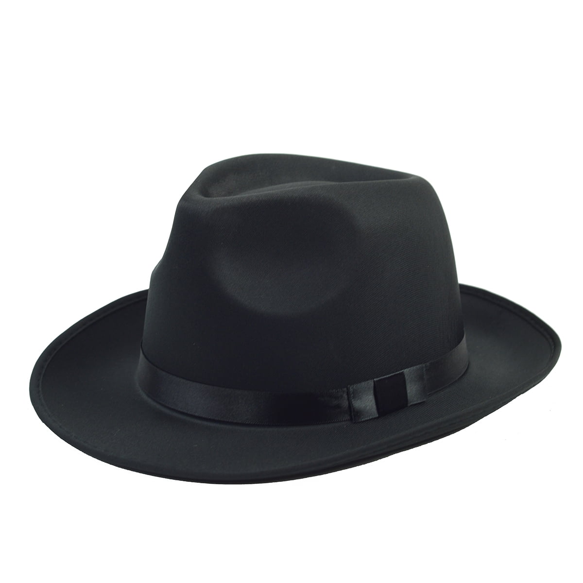 Black Satin Gangster Fedora Brim Hat Men Trilby Dress Cap Prop Costume Accessory Black Satin Gangster Fedora Brim Hat Men Trilby Dress Cap Prop Costume Accessory