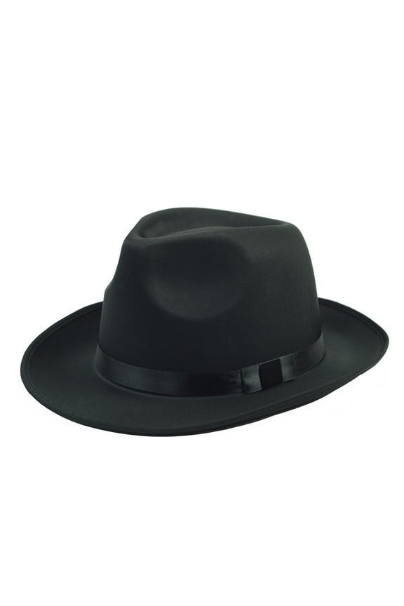 Mens Black Satin Fedora Brim Hat Trilby Dress Cap Movie Prop Costume Accessory