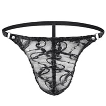 Mens Black Sheer Lace Thong Underwear XL - Ultra Soft Stretchy Breathable with Adjustable Ring & Stud Details,Size XL