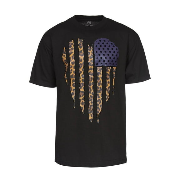 Mens Black Short-Sleeve Leopard Flag Heart T-Shirt - X-Large