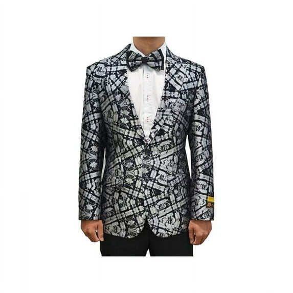 Mens Black/Silver Modern Fit Paisley Pattern Blazer Dinner Jacket By Alberto Nardoni Designer