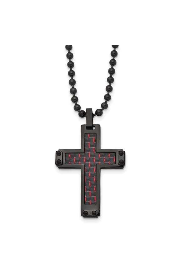 Mens Black Stainless Steel Cross Necklace with Red Carbon Fiber Inlay Bead Chain Modern Industrial Pendant Polished Durable Sleek Design Bold Rugged Style Statement Jewelry for Fashion Accessory