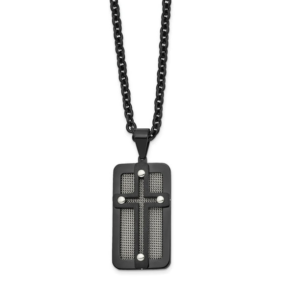 Mens Black Stainless Steel Cross Pendant Necklace with Matte Frame Mesh Inlay Rivets and Heavy Chain for Modern Industrial Style Bold Masculine Statement Accessory