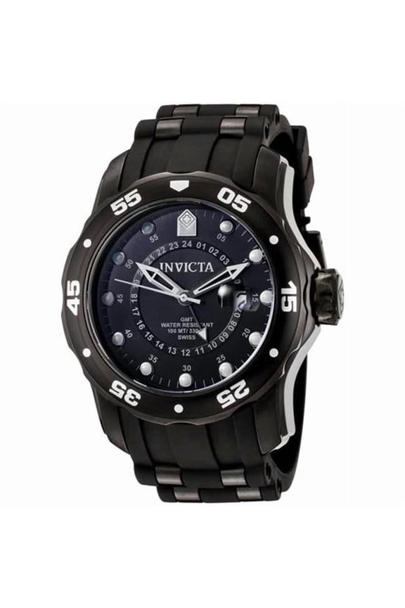 Mens Black Stainless Steel Pro Diver GMT Swiss Quartz Black Rubber Strap