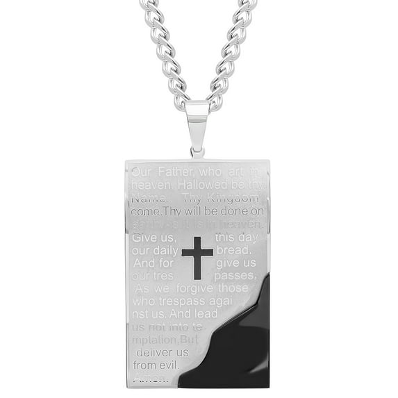Mens Black Stainless Steel The Lord's Prayer Curved Dog Tag Pendant Necklace