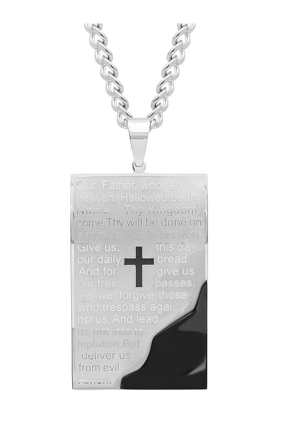 Mens Black Stainless Steel The Lord's Prayer Curved Dog Tag Pendant Necklace