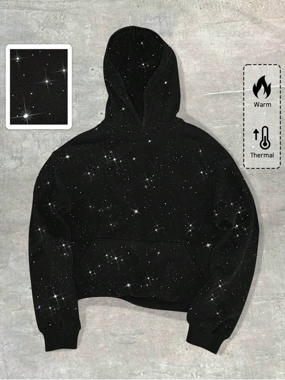 Mens Black Starry Sky Sequin Hoodie - Warm Thermal Casual Loose Fit Long