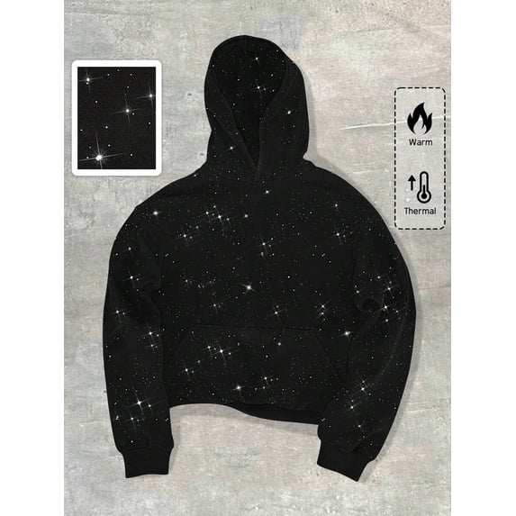 Mens Black Starry Sky Sequin Hoodie - Warm Thermal Casual Loose Fit Long