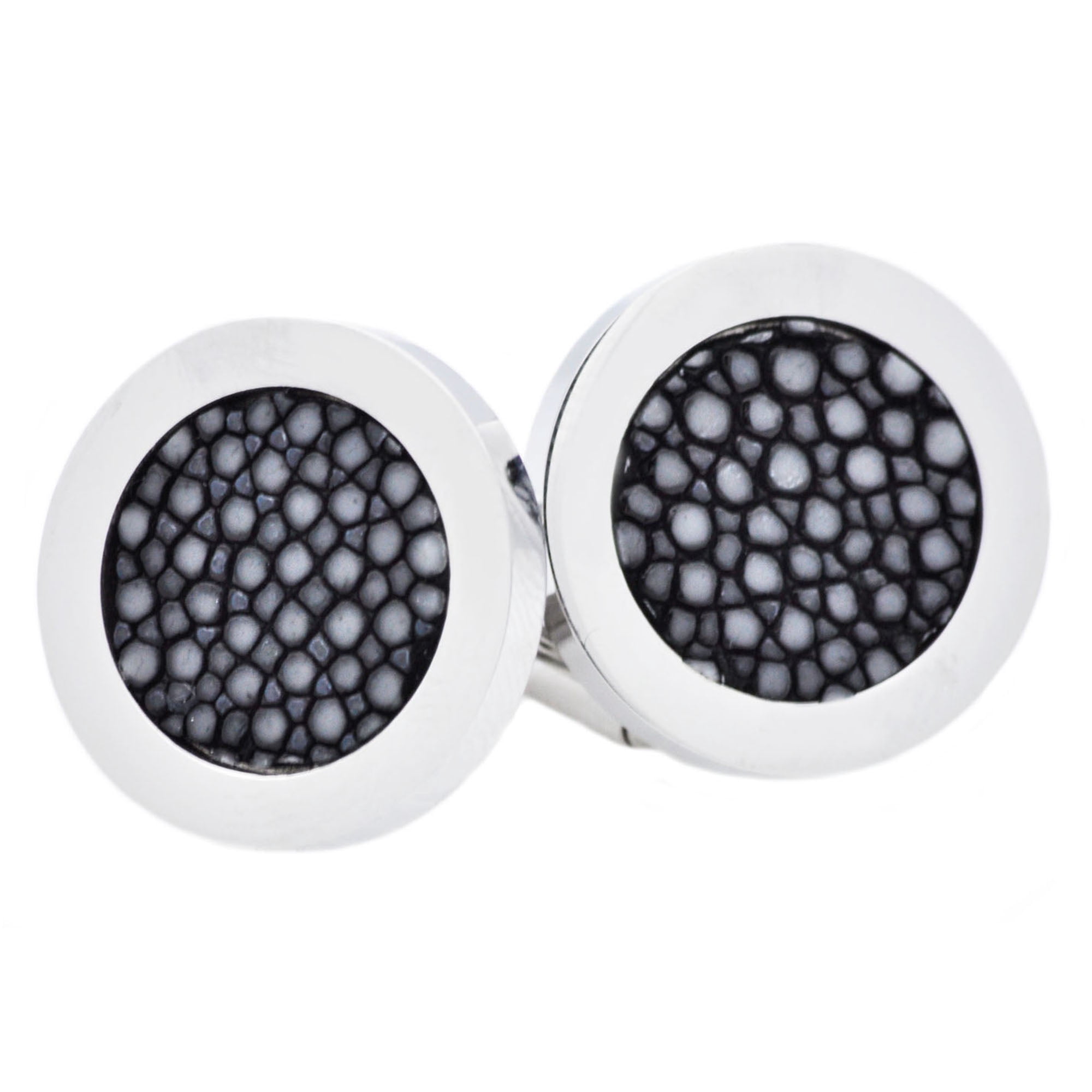Mens Black Stingray Leather Stainless Steel Cuff Links