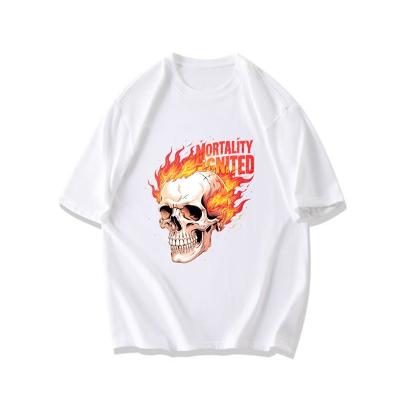 Mens Black T Shirt Skull With Flames Mortality Ignited Graphic Print Casual Streetwear Top For Daily Wear And Outdoor Activities