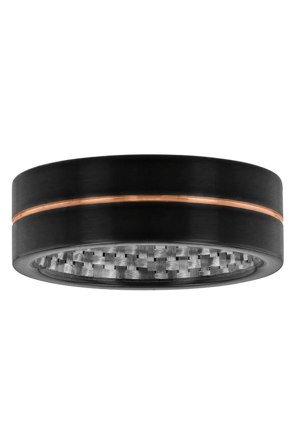 Mens Black Tantalum with Rose-Tone Stripe and Carbon Fiber Accents Wedding Band - Tantalum Ring