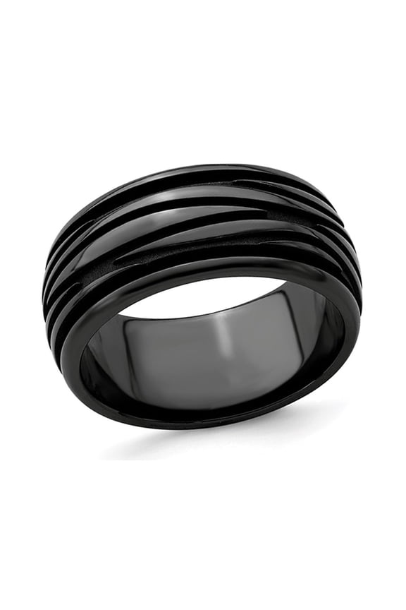 Mens Black Titanium Grooved Waves Band Ring (10mm) for Men