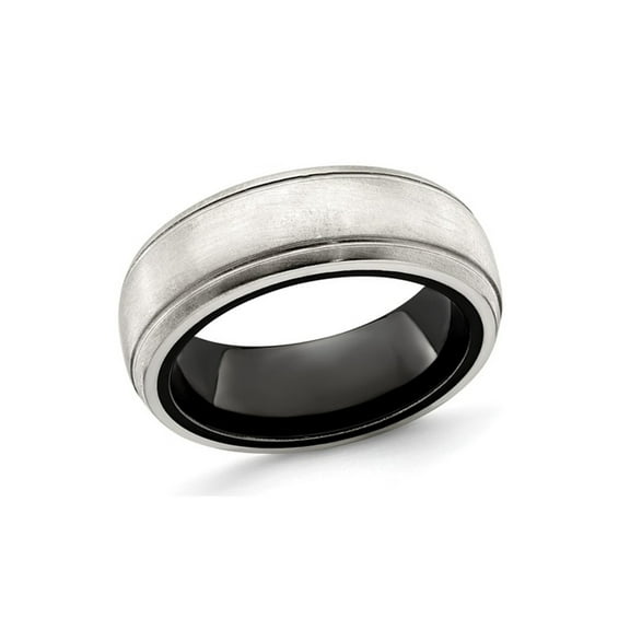 Gem & Harmony Mens Black Titanium with Silver Dome Groove Band Ring (8mm) for Men