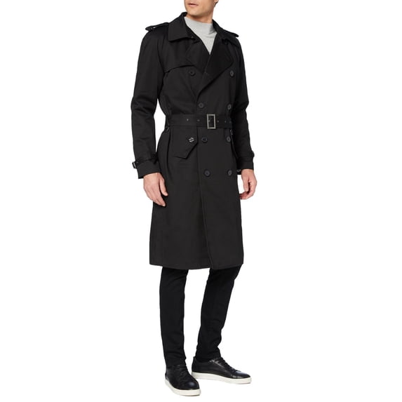 Mens Black Traditional Double Breasted Long Trench Coat With Belt SouthBeachLeather Small