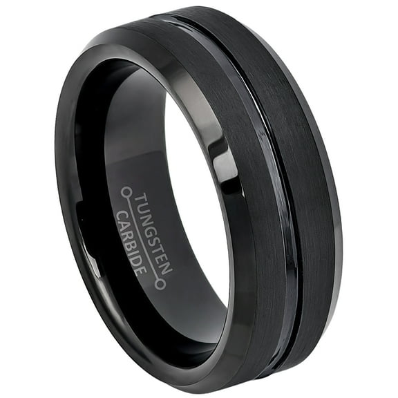 Mens Black Tungsten Carbide Wedding Band Beveled Edge Grooved Center Trim Anniversary Ring TN211WFs10
