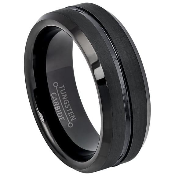 Mens Black Tungsten Carbide Wedding Band Beveled Edge Grooved Center Trim Anniversary Ring TN211WFs11.5