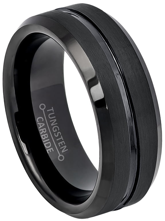 Mens Black Tungsten Carbide Wedding Band Beveled Edge Grooved Center Trim Anniversary Ring TN211WFs12.5