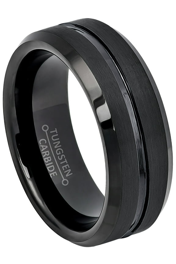 Mens Black Tungsten Carbide Wedding Band Beveled Edge Grooved Center Trim Anniversary Ring TN211WFs12.5