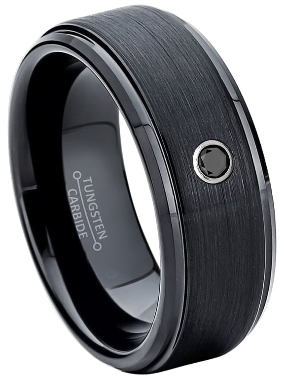 Mens Black Tungsten Carbide Wedding Band with 0.07ctw Black Diamond - Brushed Comfort Fit Tungsten Anniversary Ring -#658BDs10