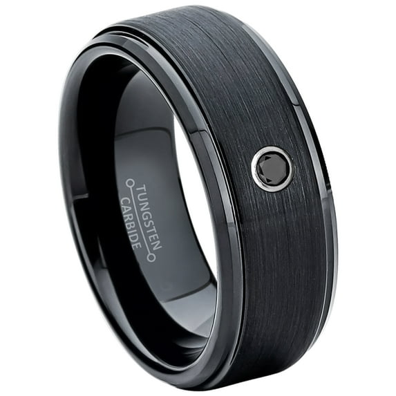 Mens Black Tungsten Carbide Wedding Band with 0.07ctw Black Diamond - Brushed Comfort Fit Tungsten Anniversary Ring -#658BDs9