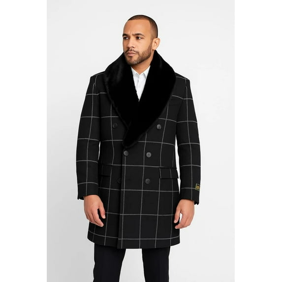 Mens Black Windowpane Wool Overcoat with Faux Fur Shawl Collar – Double-Breasted Long Coat