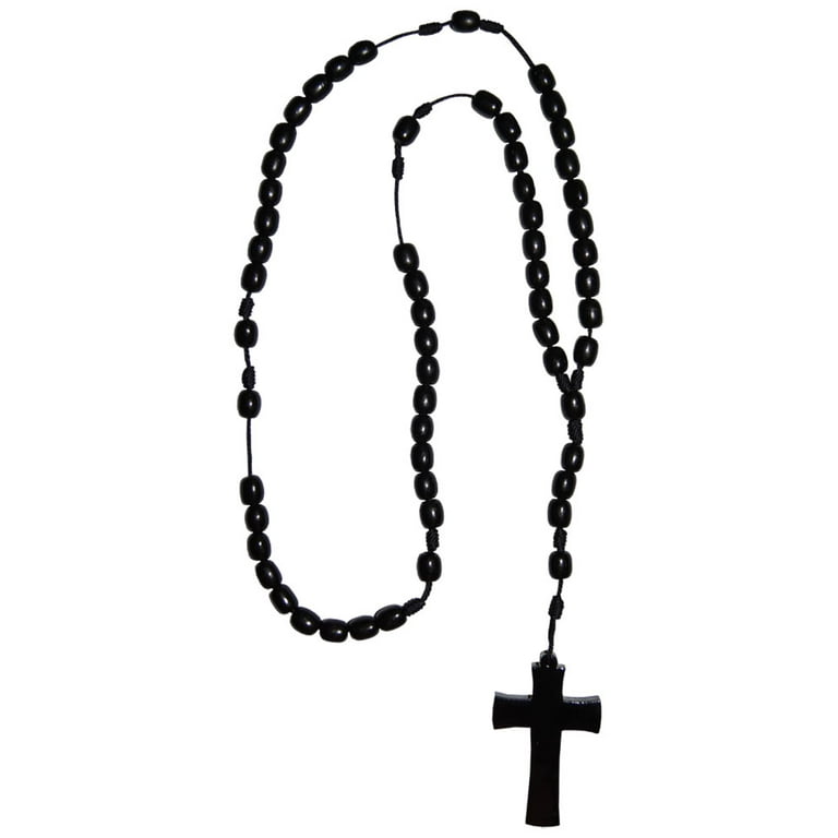 Mens Black Wood Bead Rosary Necklace by Catholica Shop 1.9 Inch Cross 19 Inch