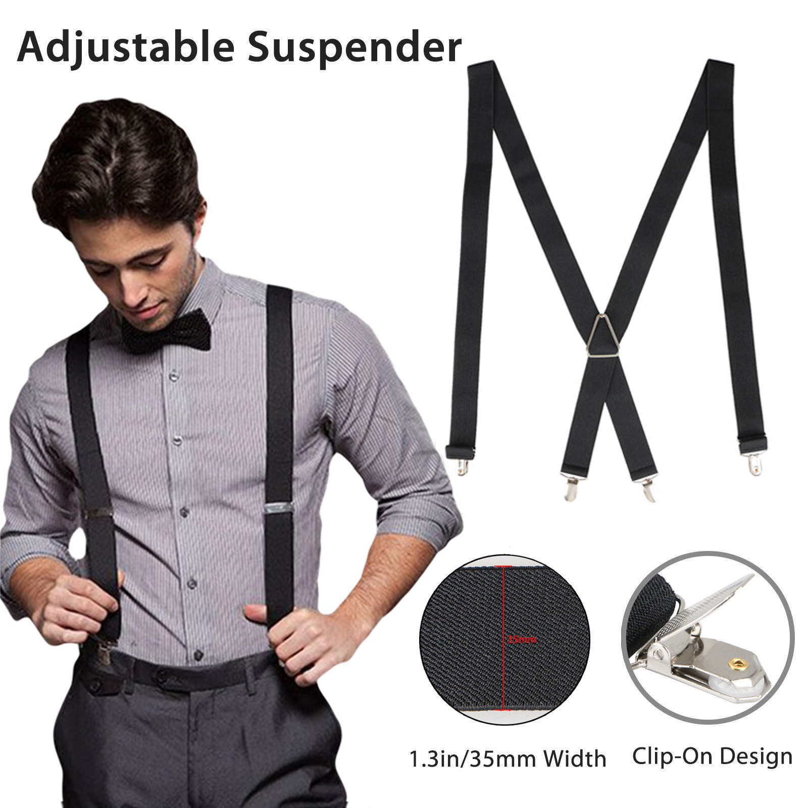 Mens Black XBack Clipon Suspenders Adjustable Elastic Retro Formal