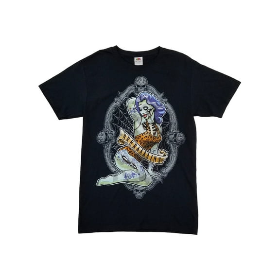 Mens Black Zombie Pinup Girl Halloween Tee Crew Neck T-Shirt Small