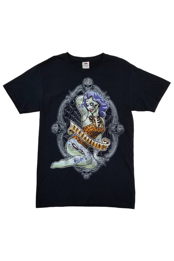 Mens Black Zombie Pinup Girl Halloween Tee Crew Neck T-Shirt X-Large